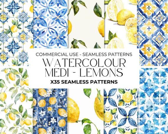 Watercolour Mediterranean Lemons Seamless Pattern, Lemon Clipart, Digital Papers, Repeating Pattern, Fruit Seamless Paper PNG, Commercial