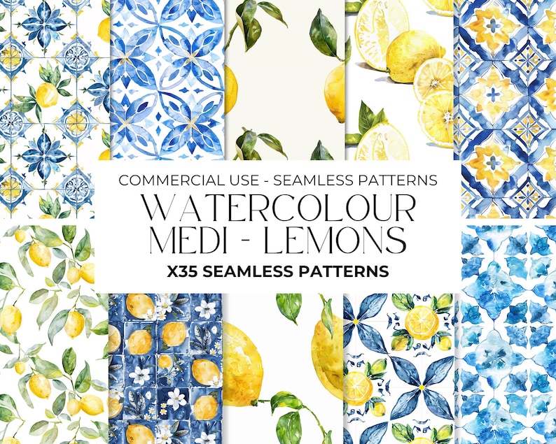 Watercolour Mediterranean Lemons Seamless Pattern, Lemon Clipart, Digital Papers, Repeating Pattern, Fruit Seamless Paper PNG, Commercial image 1