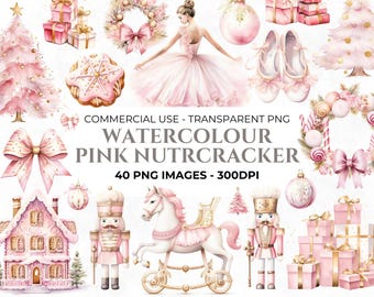40 Nutcracker Christmas Clipart, Pink Christmas, Elements for Christmas Crafts, Pastel Watercolour, Ballet Dancer Christmas, Commercial Use