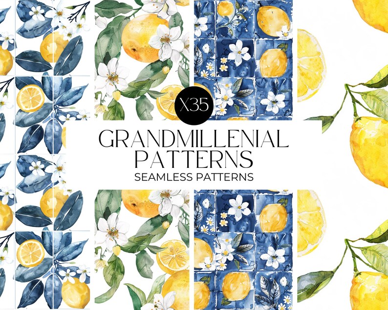 Watercolour Mediterranean Lemons Seamless Pattern, Lemon Clipart, Digital Papers, Repeating Pattern, Fruit Seamless Paper PNG, Commercial image 9