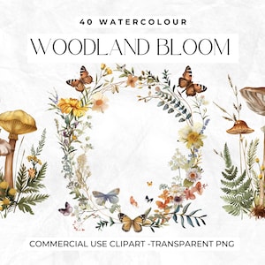 40 Clipart Floral Aquarela, Floresta, Cogumelos. Borboletas, Clipart de Outono, Clipart Botânico de Casamento, Prado, Florescer, Flores, Samambaia