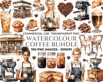 100 Clipart café aquarelle, éléments pour Clipart café, autocollant café, amateur de café PNG, art café, Junk Journal PNG, usage Commercial