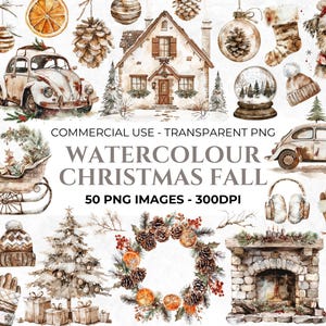 50 Clipart di Natale autunnale ad acquerello, Pacchetto di clipart di Natale, PNG invernali, PNG rami, Natale arancione, Natale rustico, Uso commerciale