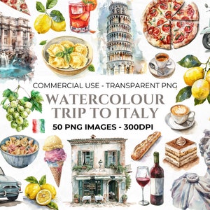 Aquarel Italië clipart, Rome clipart, Trevifontein clipart, aquarel Colosseum PNG, pizza clipart, wijn clipart, koffie, commercieel