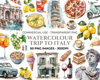 Könnte beinhalten: Aquarell-Illustrationen italienischer Sehenswürdigkeiten, Speisen und Kultur. Darunter der Trevi-Brunnen, der Schiefe Turm von Pisa, ein Vespa-Roller, Pizza, Pasta, Eis und ein Glas Wein.
