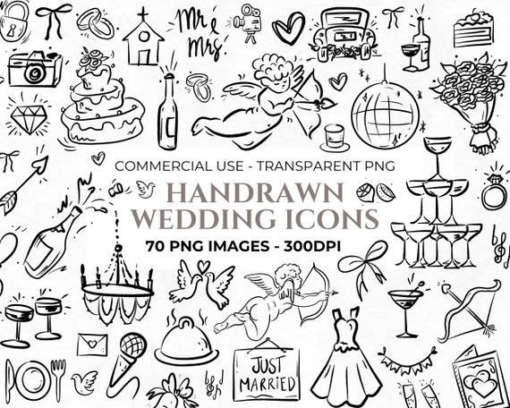 70 Hand drawn Wedding Timeline Icons, Wedding Clipart, Timeline PNG, Whimsical Wedding Doodles, Transparent PNG, Commercial Use Clipart