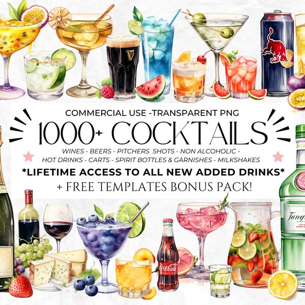 Über 1000 Aquarell-Cocktail-Cliparts, Signature-Cocktails, Alkohol-Illustrationen, alkoholfreie Getränke, Bier-Cliparts, Getränke-Cliparts