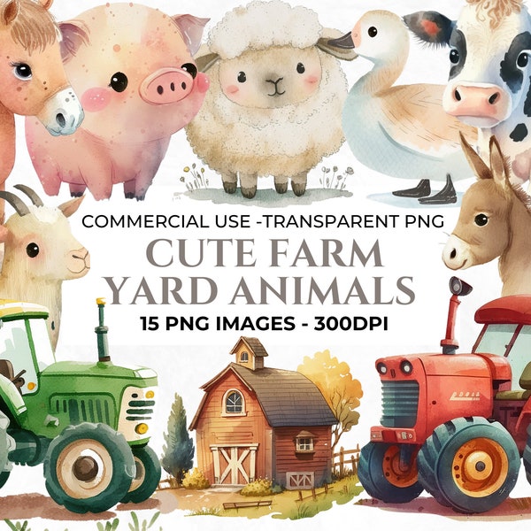 15 Farm Animals Clipart, Watercolour Clipart, Nursery Clipart, Baby Animals PNG Bundle, Commercial Clipart, Cute Farm Animals Clipart