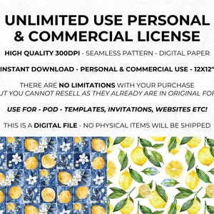 Watercolour Mediterranean Lemons Seamless Pattern, Lemon Clipart, Digital Papers, Repeating Pattern, Fruit Seamless Paper PNG, Commercial image 3