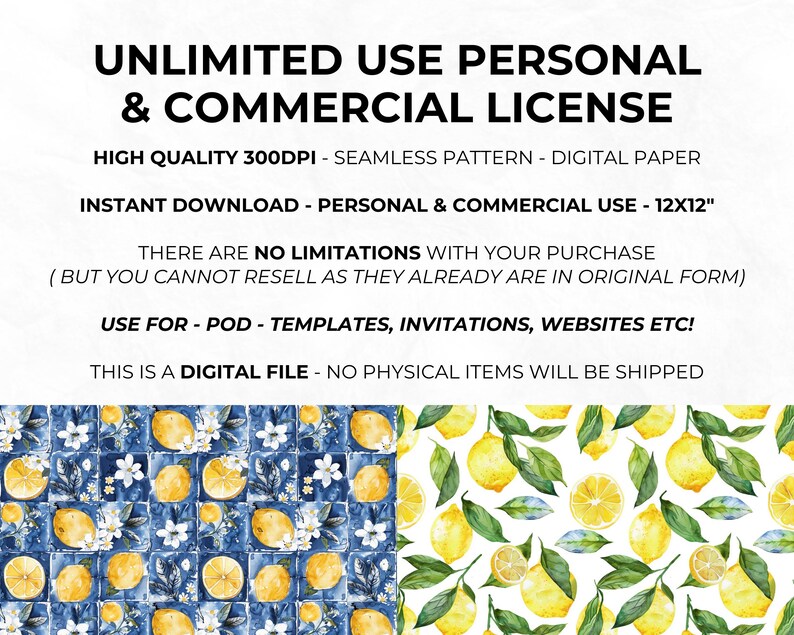 Watercolour Mediterranean Lemons Seamless Pattern, Lemon Clipart, Digital Papers, Repeating Pattern, Fruit Seamless Paper PNG, Commercial image 3