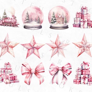 May include: Watercolor illustrations of Christmas and winter-themed objects. The image includes a pink train, snow globes with winter scenes, stacks of pink gift boxes, and pink star ornaments. Also included are pink bows, perfect for holiday crafts and decorations.
