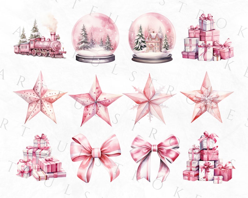 May include: Watercolor illustrations of Christmas and winter-themed objects. The image includes a pink train, snow globes with winter scenes, stacks of pink gift boxes, and pink star ornaments. Also included are pink bows, perfect for holiday crafts and decorations.