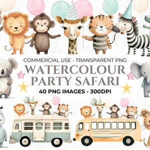 40 aquarel safari dieren clipart, verjaardagssafari, kinderfeest clipart, party safari, mijlpalen clipart, olifant, commercieel gebruik