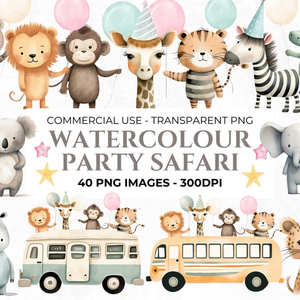 40 Safari Animals Clipart, Birthday Safari, Children's Party Clipart, Watercolour Safari, Giraffe, Elephant, Tiger, Lion PNG, Commercial Use