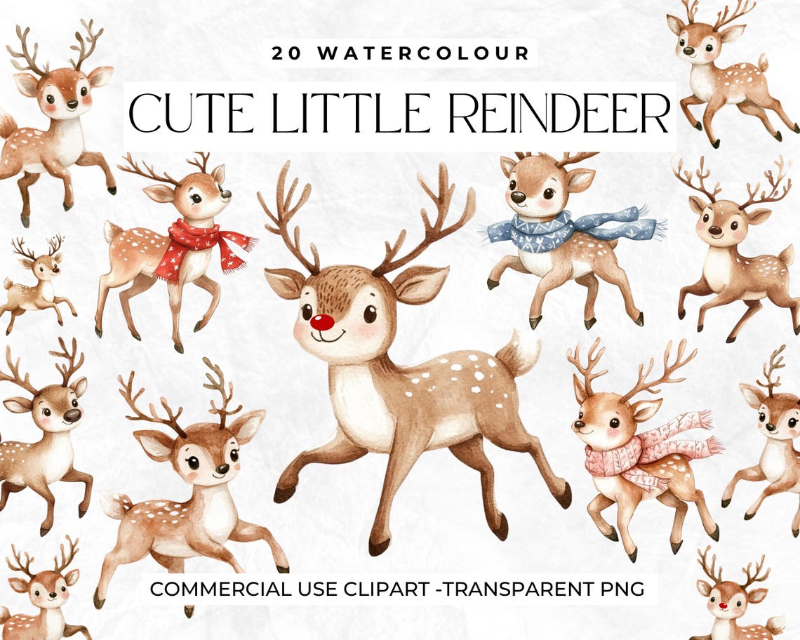 Christmas Reindeer Clipart, Watercolour, Cute Christmas PNG Bundle ...