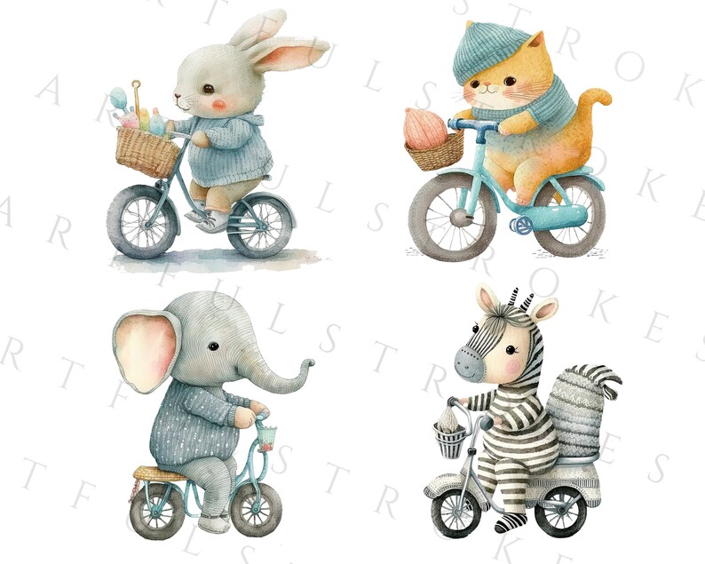 以下が含まれることがあります： 自転車に乗っている動物のウォーターカラーイラストが4つ。青いウサギ、オレンジ色の猫、灰色のゾウ、白黒のシマウマです。