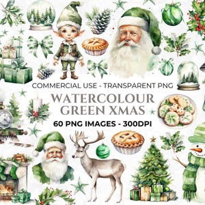 60 clipart de Natal aconchegante em aquarela, Natal verde, elementos para artesanato de Natal, clipart de férias, PNG de Natal, uso comercial