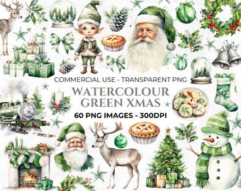 60 Watercolour Cozy Christmas Clipart, Green Christmas, Elements for Christmas Crafts, Holiday Clipart, Christmas PNG, Commercial Use
