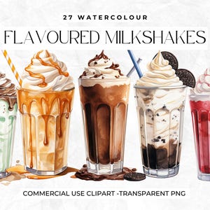 27 Aquarell Milchshake Clipart, Elemente für Cafe Clipart, Oreo Milchshake, Menü Clipart, Schokolade, Banane, Erdbeere, Lotus, Nutella
