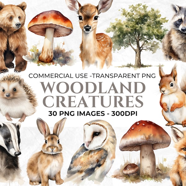 30 Watercolour Woodland Creatures Clipart, Watercolour Woodland Animals PNG, Transparent PNGs, Nursery Clipart, Commercial Use Clipart