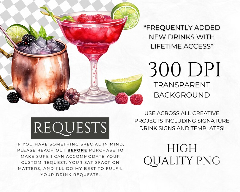 600 Watercolour Cocktail Clipart, Signature Cocktail, Alcohol Illustrations, Non Alcoholic Drinks, Beers Clipart, Beverage Clipart image 2