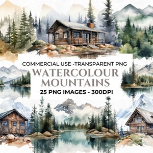 25 Imágenes Prediseñadas de montañas de acuarela, imágenes prediseñadas de cabaña de montaña, árboles de acuarela, PNG de bosque, imágenes prediseñadas de bosque, bosque brumoso, uso comercial