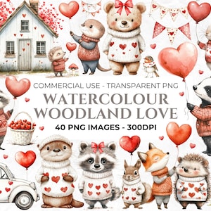 40 Valentijnsdag clipart, aquarel Valentijnsdag dieren, romantische clipart, liefde png, dieren in liefde, bosdieren, commercieel gebruik