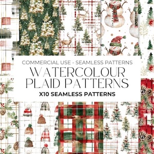 Aquarelle de Noël écossais sans couture, Clipart sapin de Noël, papiers numériques, motif répétitif, papier sans couture rouge PNG, commercial