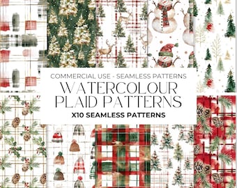 Watercolour Christmas Plaid Seamless Pattern, Christmas Tree Clipart, Digital Papers, Repeating Pattern, Red Seamless Paper PNG, Commercial