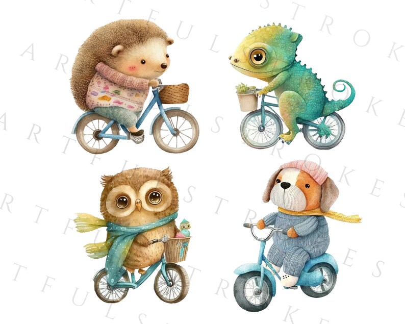 以下が含まれることがあります： 自転車に乗っている動物のウォーターカラーイラストが4つあります。ピンクのセーターを着たハリネズミが、バスケット付きの青い自転車に乗っています。緑色のカメレオンが、花が入ったバスケット付きの青い自転車に乗っています。青いスカーフを巻いた茶色のフクロウが、花が入ったバスケット付きの青い自転車に乗っています。青いセーターとピンクの帽子をかぶった茶色と白の犬が、青い自転車に乗っています。