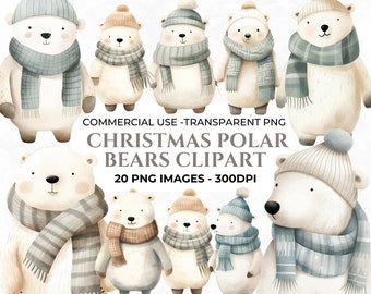 20 Cute Polar Bears PNG, Watercolour Christmas Clipart, Christmas Crafts Elements, Polar Bear Clipart, Card Making Clipart, Commercial Use