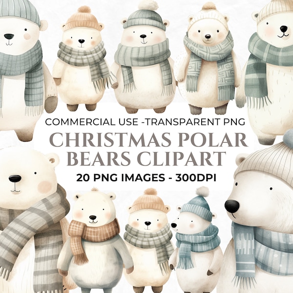 20 Cute Polar Bears PNG, Watercolour Christmas Clipart, Christmas Crafts Elements, Polar Bear Clipart, Card Making Clipart, Commercial Use