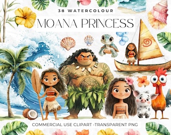 Watercolour Moana Clipart, Cute Princess, Cute Moana, Maui, Nursery, Birthday, Journal, Cute Hawaiian, Kids, Girl Party, Commercial Use