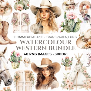 40 Western Clipart, Clipart acquerello, Stivali da cowgirl PNG, Clipart Teepee, Cactus PNG, Clipart Dreamcatcher, Clipart per uso commerciale,