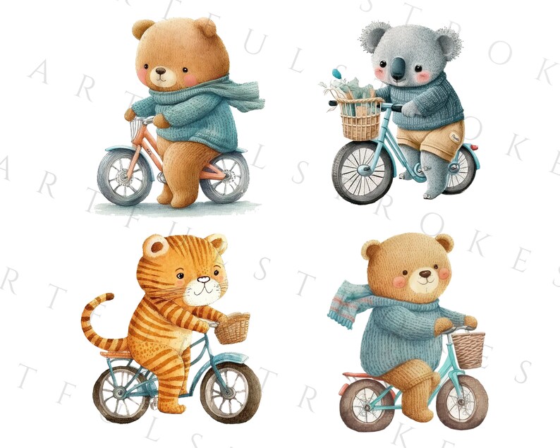 以下が含まれることがあります： 自転車に乗っている4匹のかわいい動物のキャラクター。茶色のクマ、コアラ、トラ、茶色のクマはみんな青いセーターを着て、カラフルな自転車に乗っています。