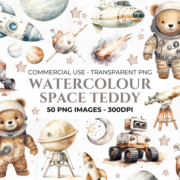 50 Watercolour Astronaut Clipart, Baby Boy Clipart, Nursery Clipart, Baby Boy, Outer space PNG, Space, Rocket, Commercial Use Images