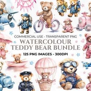 125 Aquarell Teddybär Clipart, Babyparty Clipart, Mädchen Teddy, Flugzeug, Teddybär Bundle, Heißluftballon, kommerzielle Nutzung PNG