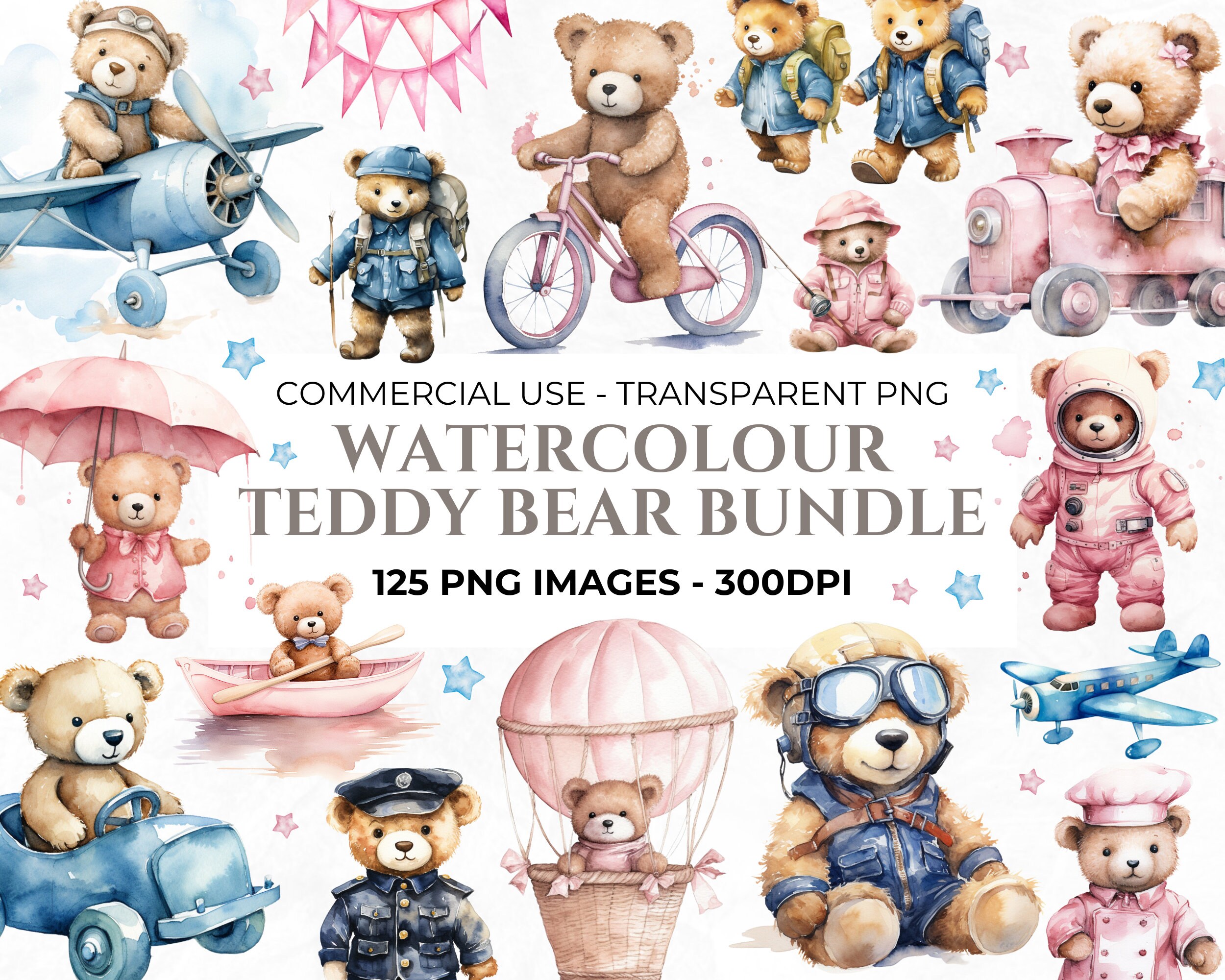 125 Watercolour Teddy Bear Clipart, Baby Shower Clipart, Girl Teddy, Aeroplane, Teddy Bear Bundle, Hot Air Balloon, Commercial Use PNG