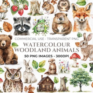 50 aquarel bosdieren clipart, baby bosdieren, babyshower, bos dieren bundel, commercieel gebruik, Instant Download