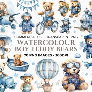 Aquarela Azul Ursinho De Pelúcia Clipart, Chá De Bebê Para Menino Clipart, Ursinho De Pelúcia PNG, Avião, Trem, Balão De Ar Quente, Uso Comercial Clipart