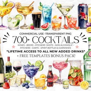 Über 700 Aquarell-Cocktail-Cliparts, Signature-Cocktails, Alkohol-Illustrationen, alkoholfreie Getränke, Bier-Cliparts, Getränke-Cliparts