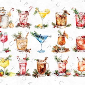 May include: A watercolor illustration of 12 different holiday cocktails. The cocktails are decorated with cranberries, cinnamon sticks, and sprigs of evergreen. The cocktails are in various glasses, including martini glasses, rocks glasses, and highball glasses.