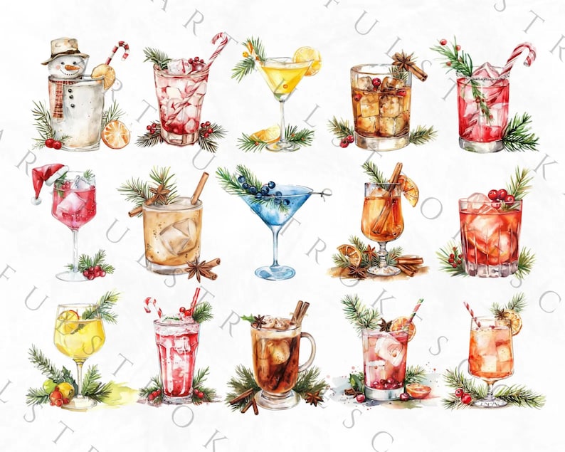 May include: A watercolor illustration of 12 different holiday cocktails. The cocktails are decorated with cranberries, cinnamon sticks, and sprigs of evergreen. The cocktails are in various glasses, including martini glasses, rocks glasses, and highball glasses.