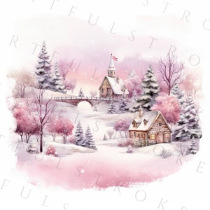 May include: Watercolor painting of a winter landscape with snow-covered trees, a bridge, and two quaint buildings. The color palette features soft pinks, whites, and browns, creating a serene and peaceful scene. The artwork evokes a sense of tranquility and the beauty of winter.