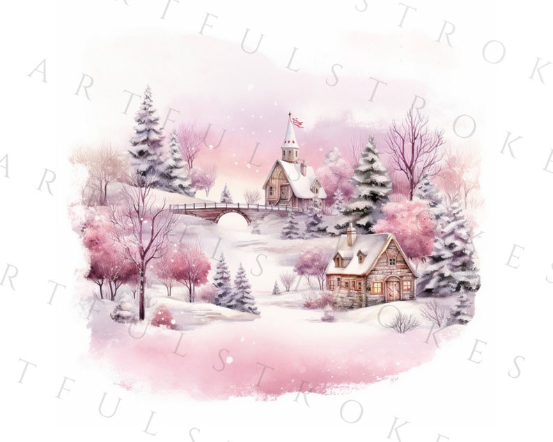 May include: Watercolor painting of a winter landscape with snow-covered trees, a bridge, and two quaint buildings. The color palette features soft pinks, whites, and browns, creating a serene and peaceful scene. The artwork evokes a sense of tranquility and the beauty of winter.