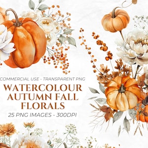 Pacote de clipart de 25 flores de outono em aquarela, clipart de flores de outono, guirlanda floral, flores rústicas, PNGs transparentes, botânico de casamento