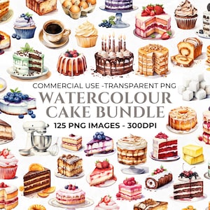 125 Aquarell Kuchen Clipart, Elemente für Cafe Clipart, Bäckerei PNG, Gebäck Clipart, Kuchen PNG, Menü Bundle, Junk Journal, kommerzielle Nutzung