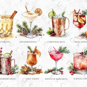 May include: Watercolor illustration of 10 different holiday cocktails with their names: Coquito, Snickerdoodle, Christmas Mule, Xmas Sangria, Cranberry Mule, Hot Toddy, Mistletoe Margarita, Scrooge Sour. Each cocktail is illustrated with festive greenery and berries.