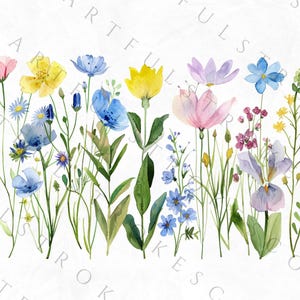 May include: A watercolor painting of a bouquet of wildflowers in shades of blue, pink, yellow, and purple. The flowers are arranged in a row, with the stems extending downwards. The background is white.