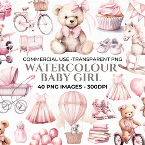 40 Clipart per baby shower ad acquerello, Clipart per bambina, Pacchetto per neonata, Clipart per asilo nido ad acquerello, Immagini per uso commerciale